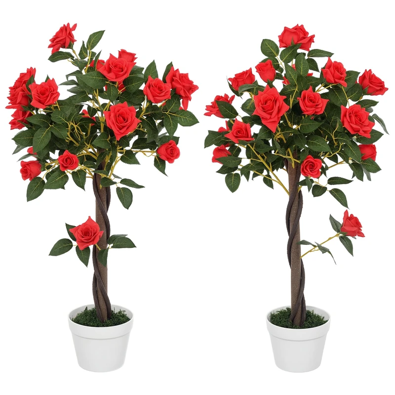 Outsunny 90cm Artificial Rose Tree with Twisted Trunk, Decorative Fake Plant with 350 Silk Leaves and 21 Flowers, UV-Resistant Faux Tree for Outdoor Indoor Garden Porch Decor, Set of 2, Red