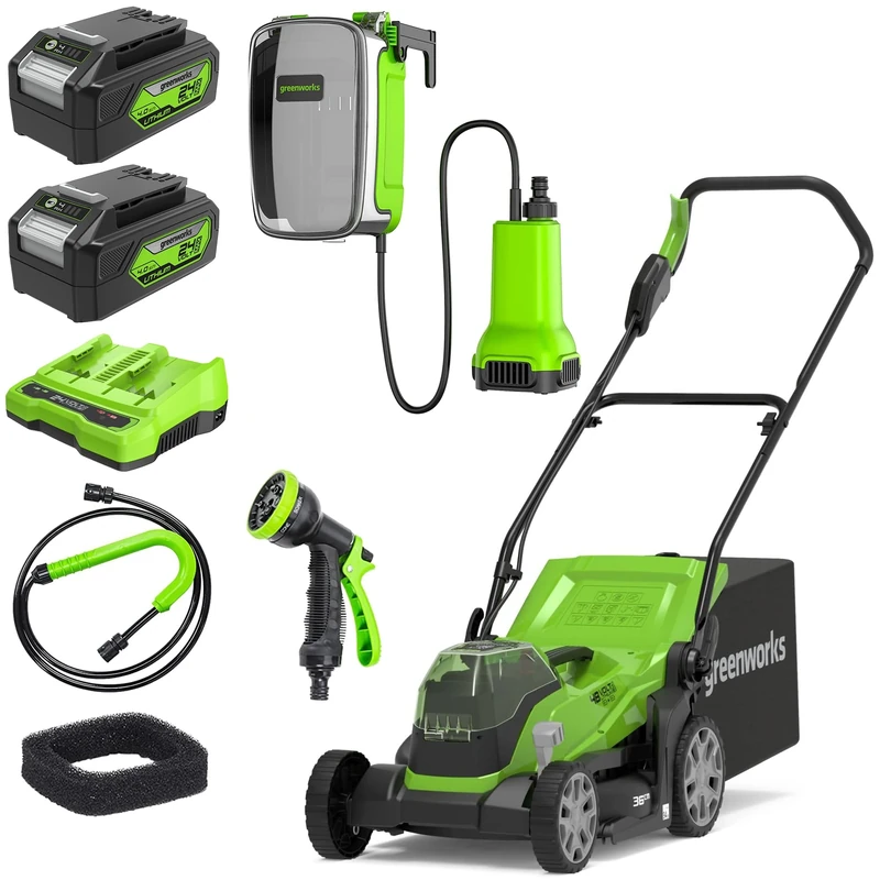 Greenworks G24X2LM36K4X Cordless Lawnmower , 36cm Cutting Width, 2x24V 4Ah Batteries & Twin Charger+ Greenworks G24SWP Cordless Submersible Water Pump, WITHOUT 24V Battery & Charger, 3 Year Guarantee