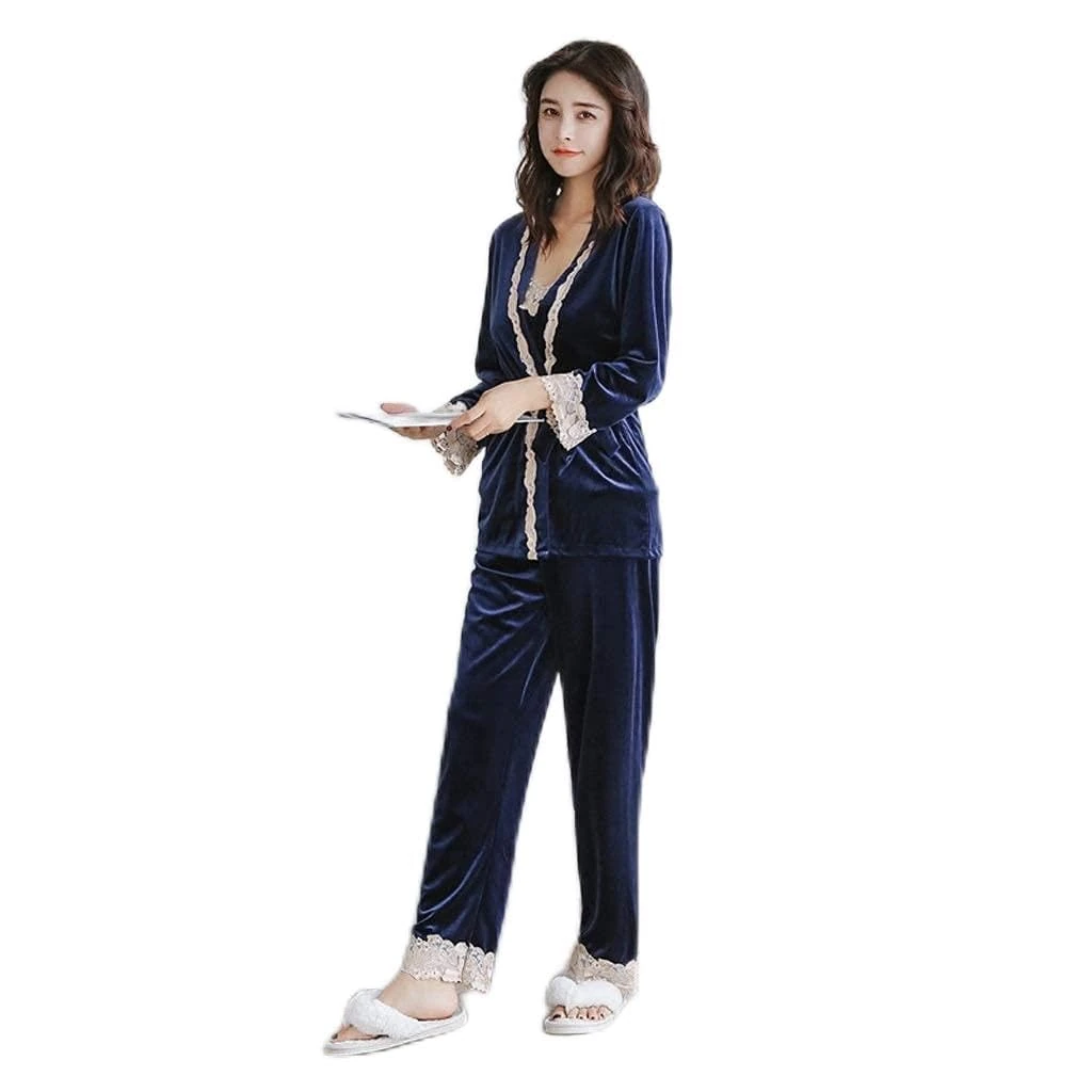 IUBGFTO Sexy Women Velour Pajamas Set Lady Strap Top Pants Sleepwear Home Wear Three Piece Nightgown Kimono Robe Bath Gown Nightdress (B XL)