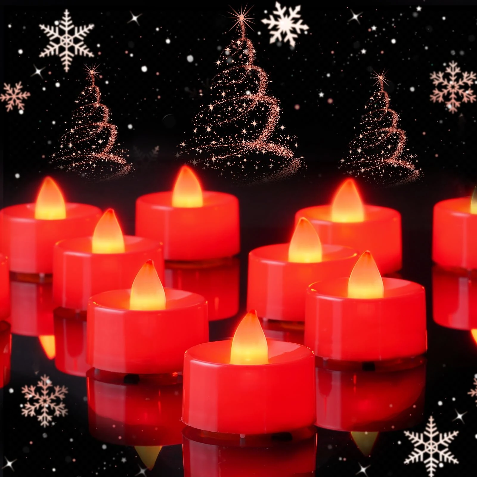 AMAGIC 24 Pack Red Colour Holiday Flicker Bright LED Tea Lights, Electric, Battery Operated for Wedding, Halloween, Thanksgiving Day