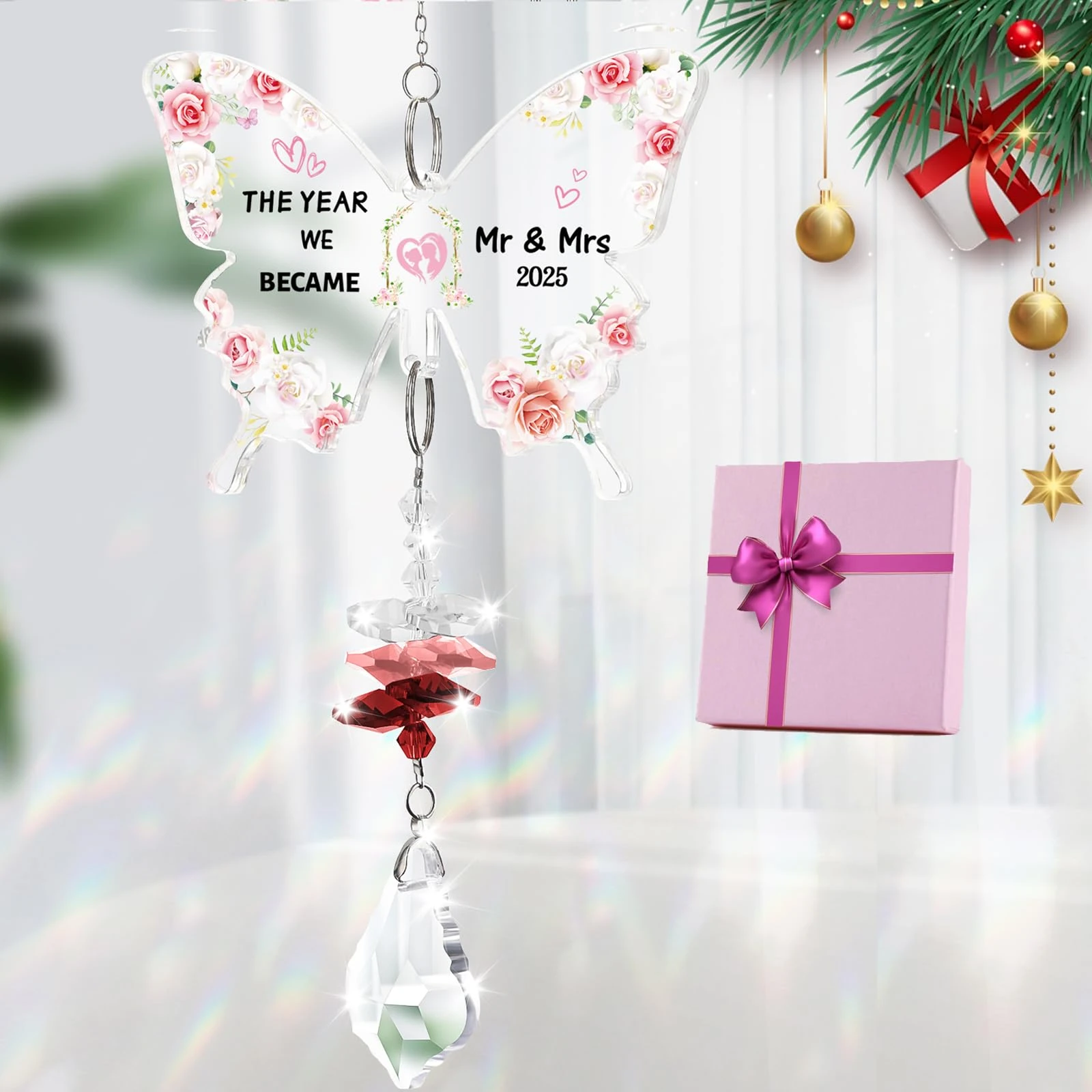 TheGiffter Wedding Gifts, 2025 Mr and Mrs Crystal Suncatcher Ornament Presents, Engagement Wedding Bauble Gifts for Couples, Wife and Husband, for Couple