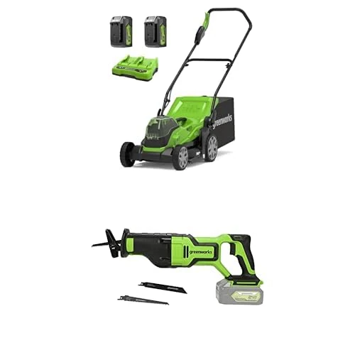 Greenworks G24X2LM36K4X Cordless Lawnmower for Lawns up to 420m², 36cm Cutting Width, 40L Bag, 2x24V 4Ah Batteries & Twin Charger, 3 Year Guarantee + Greenworks 24V Battery Reciprocating Saw GD24RS