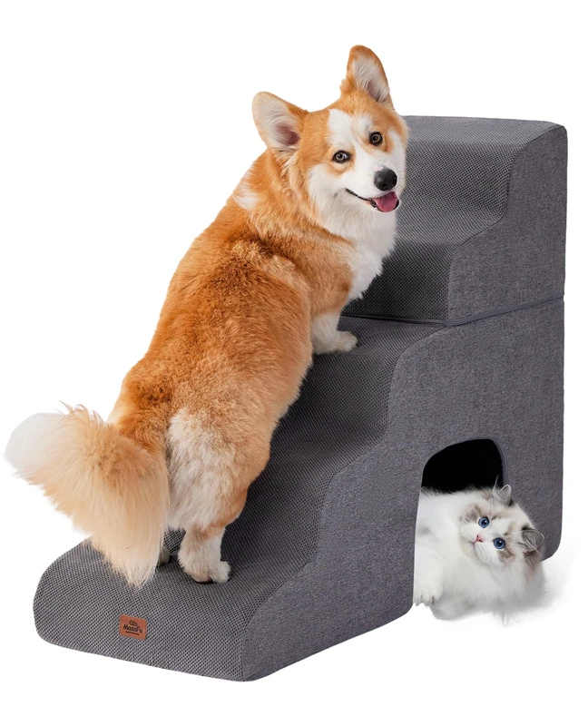 Gray Curved Dog Stairs Ramp for High Beds 28.7" H, 5-Step Dog Steps for Small Dogs and Cats, Pet Stairs for High Bed Climbing, Non-Slip Balanced Pet Step