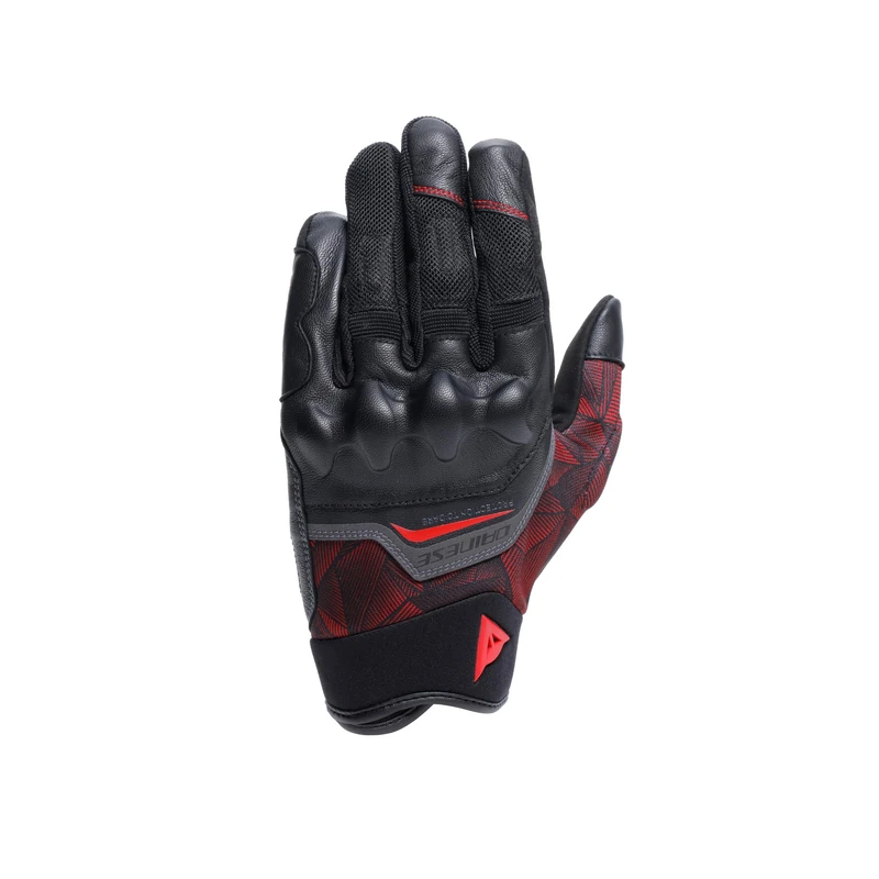 DAINESE - Ermex Gloves, Summer Motorcycle Gloves, Breathable with Mesh Inserts, Rigid Knuckle Protectors, Leather Reinforcements, Touchscreen, XL, Black and Lava Red