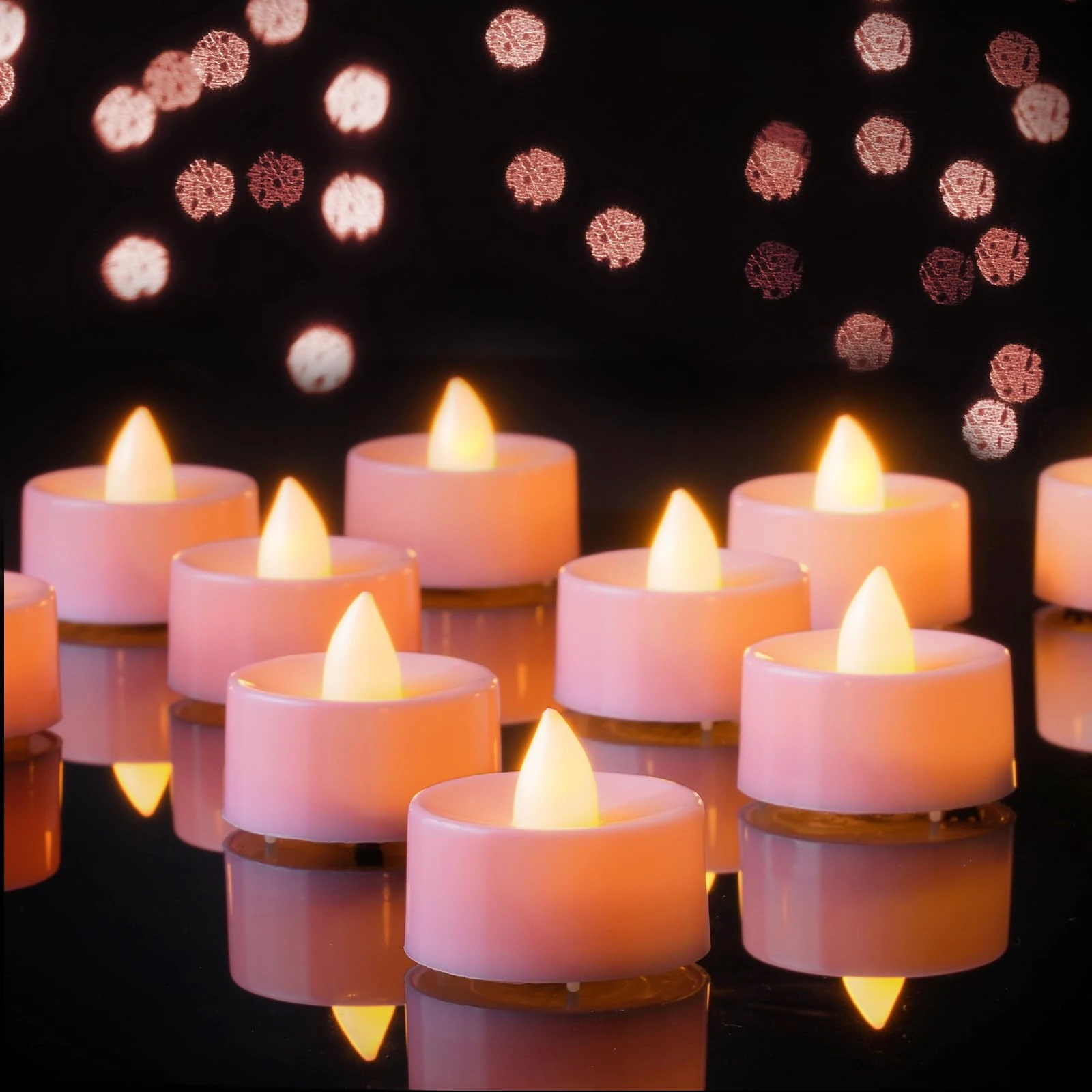 AMAGIC 24 Pack Pink Colour Holiday Flicker Bright LED Tea Lights, Electric, Battery Operated for Table Centrepieces, Living Room Decortion, Wedding, Romantic