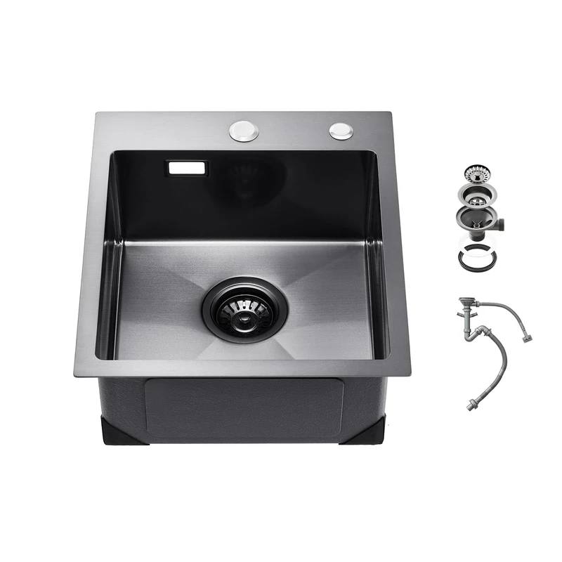 VEVOR 40cm Kitchen Sink Workstation, 304 Stainless Steel Top Mount Sinks, Drop-in Single Bowl Farmhouse Basin with Accessories, Household Dishwasher Sinks for RV, Prep Kitchen, and Bar (Black)