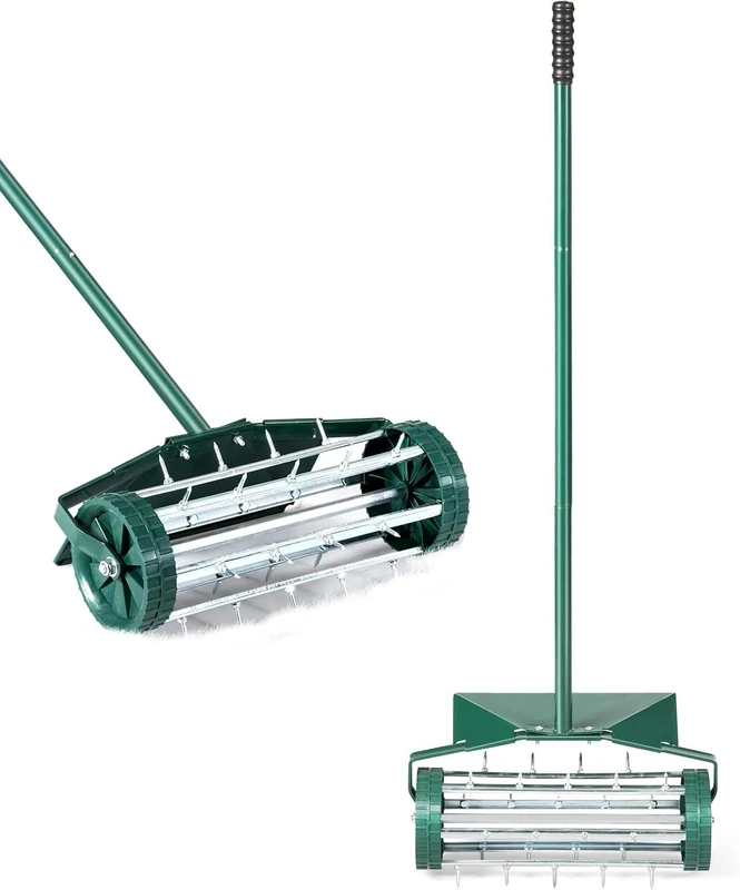 FANTASK Lawn Aerator Roller with Handle, Manual Scarifier, Green, with 3 cm Nails and Splash Protection, 46 x 23 x 127 cm