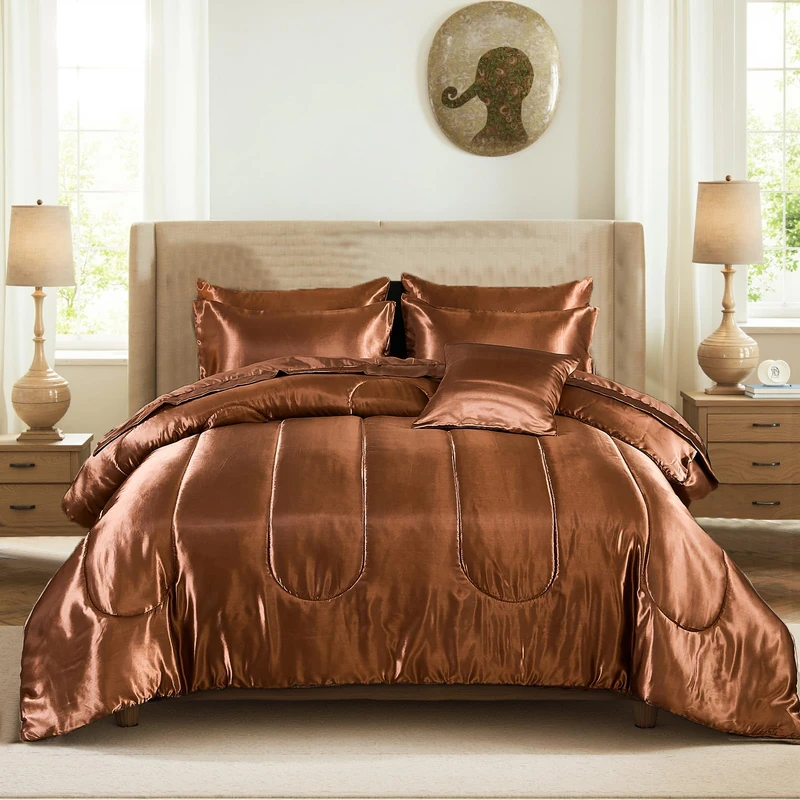 Satin Comforter Set with Coffee Sheet Set Queen Size 8 Pcs Brown Bedding Set Silky Bed-in-a-Bag Luxury Hotel Soft Silk Like Satin Comforter Set with 1 Cushion Cover Silky Bed Set