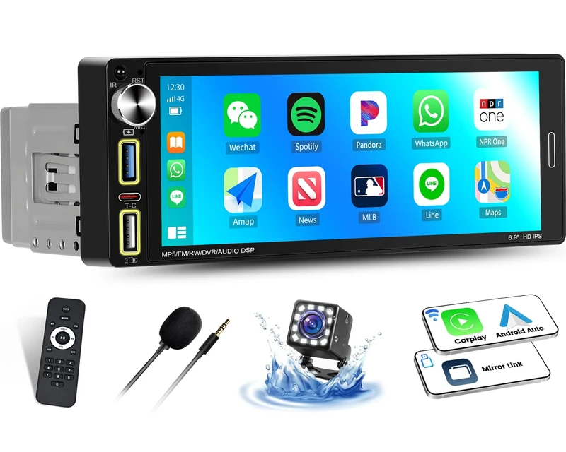 OiLiehu Single Din Touchscreen Car Stereo with Wireless CarPlay Android Auto, 6.9'' MP5 Multimedia Player Radio with Bluetooth Mirror Link FM EQ SWC USB Type-C + Backup Camera & MIC