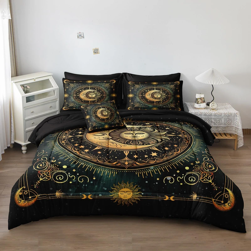 Herside Sun and Moon Bed in a Bag Black Psychedelic Celestial Bedding Comforter Set King Size,Bohemian Bedding Galaxy Comforter Set for Boys Girls Women,Gothic Mystic Witchy Bedding for Room Decor