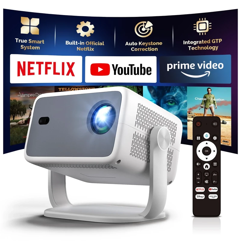 [Netflix Licensed] Smart Protable Projector 4K 1080P Projector with Wifi6 BT5.2, Auto Focus Auto Keystone Correction Movie Projection for Home Theater/Outdoor 360 Degrees