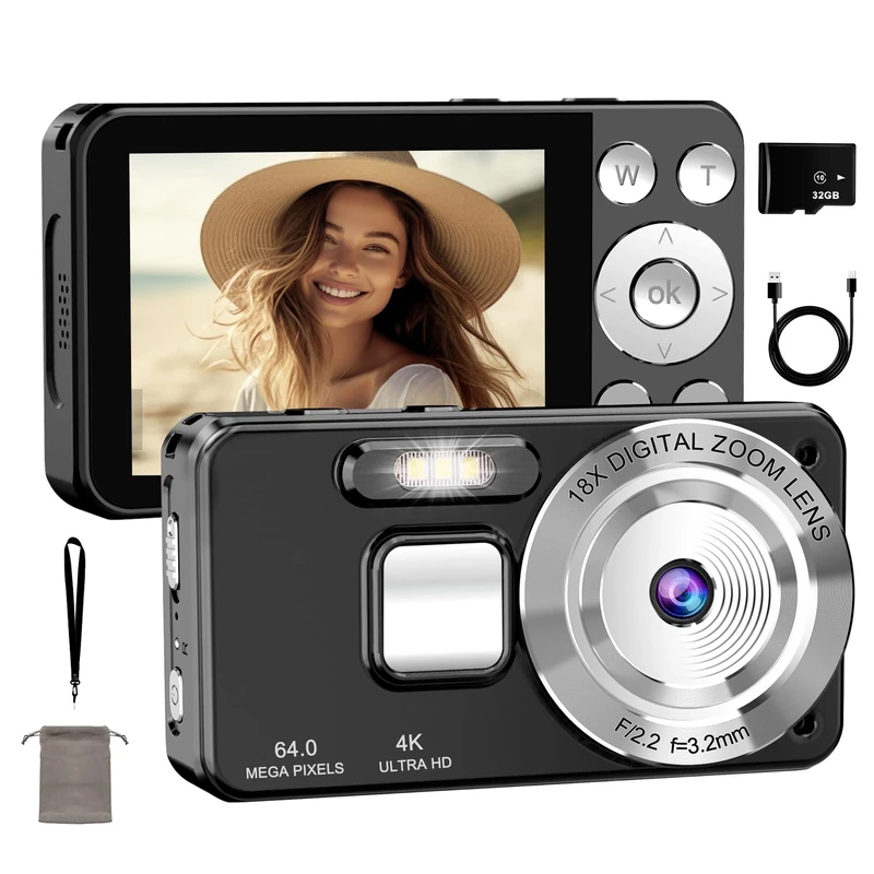 4K Digital Camera, Beginner Digital Cameras 64MP Autofocus and 18X Digital Zoom, 2.8" Large Screen With 32GB card, Selfie and Vlog Camera, Webcam Function