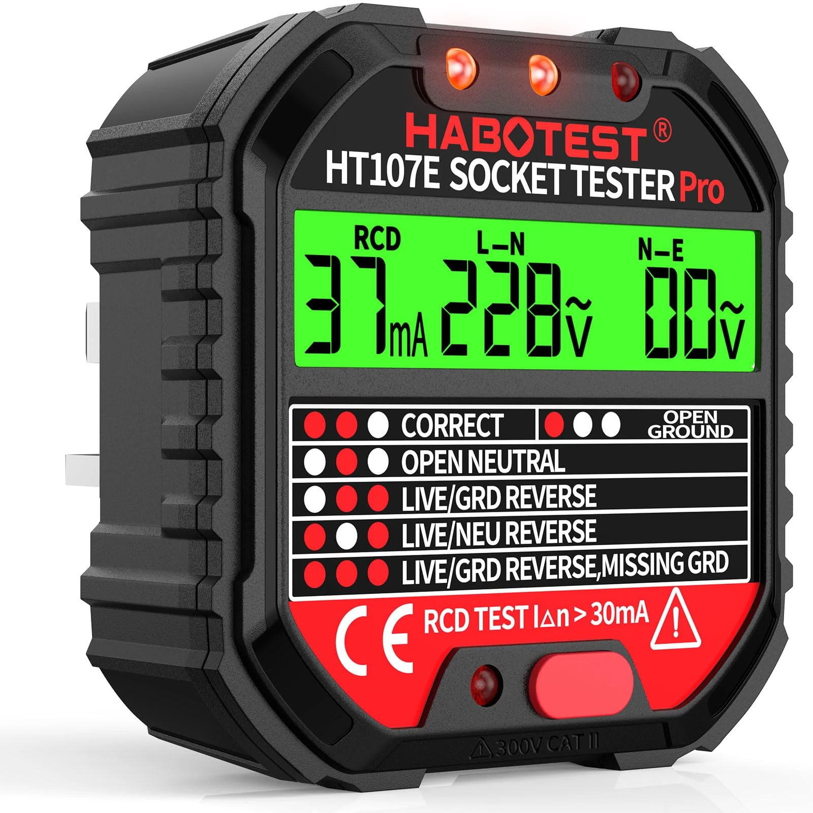 Socket Tester RCD Plug Outlet Tester UK, Electrical Receptacle Detector with LCD Display, 90-250V Power Socket Automatic Electric Circuit Polarity Breaker Finder (HT107E)