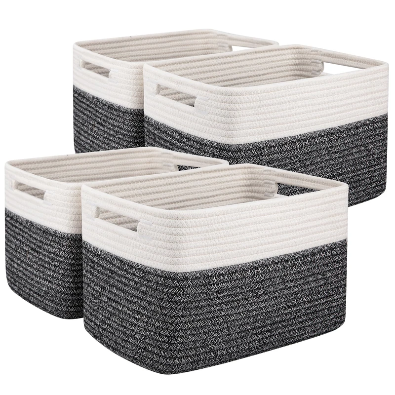 OIAHOMY 4 Pack Storage Baskets for Organizing, Basket for Shelves with Handle, Woven Baskets for Storage Toys, Towels, Books, Cotton Rope Basket 13" L x 9 " W x 7.8 " H, Black & White