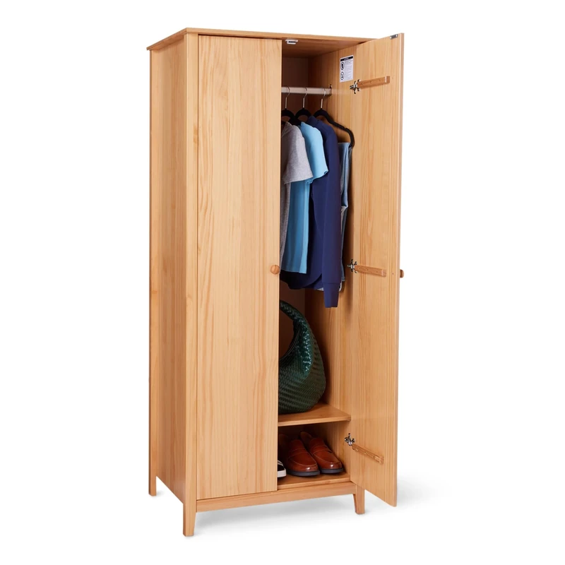 Amazon Basics Solid Pine Wood 2 Door Wardrobe with Shelf and Hanging Rail, Storage Cupboard, Bedroom, 180 x 75 x 53 cm, Oak