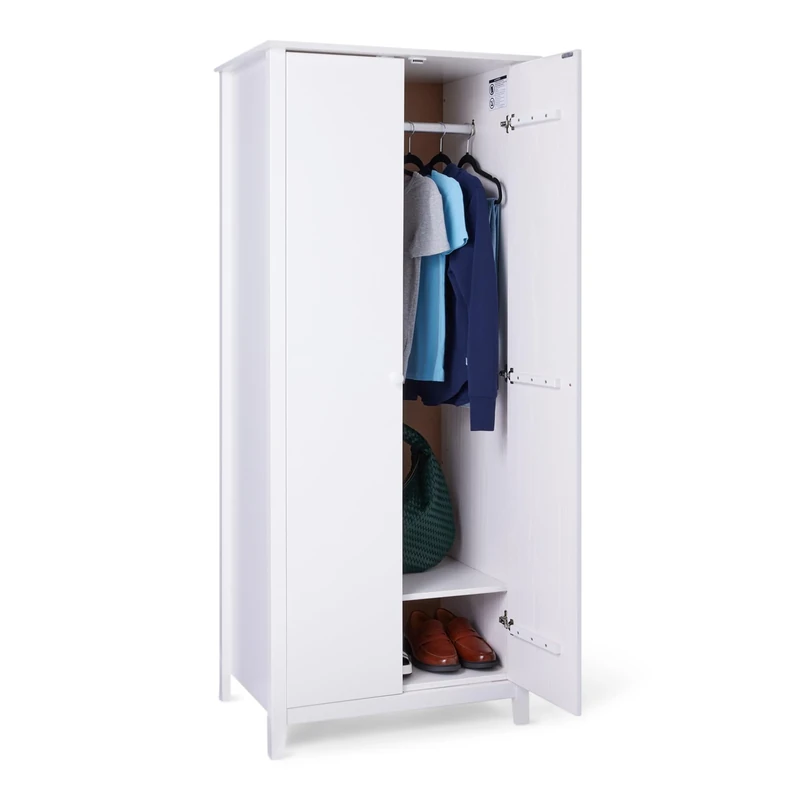Amazon Basics Solid Pine Wood 2 Door Wardrobe with Shelf and Hanging Rail, Storage Cupboard, Bedroom, 180 x 75 x 53 cm, White