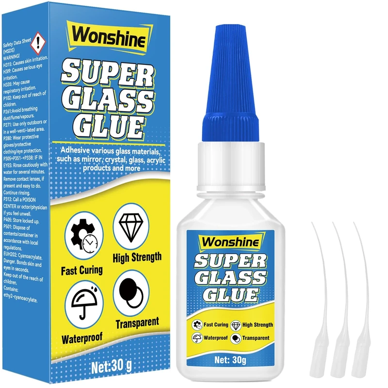 Glass Glue 30 g, Clear Superglue for Glass, Acrylic, Pottery, Mirrors, Jewelry and Crafts, with Anti-Clog Cap, Waterproof, Heat-Resistant