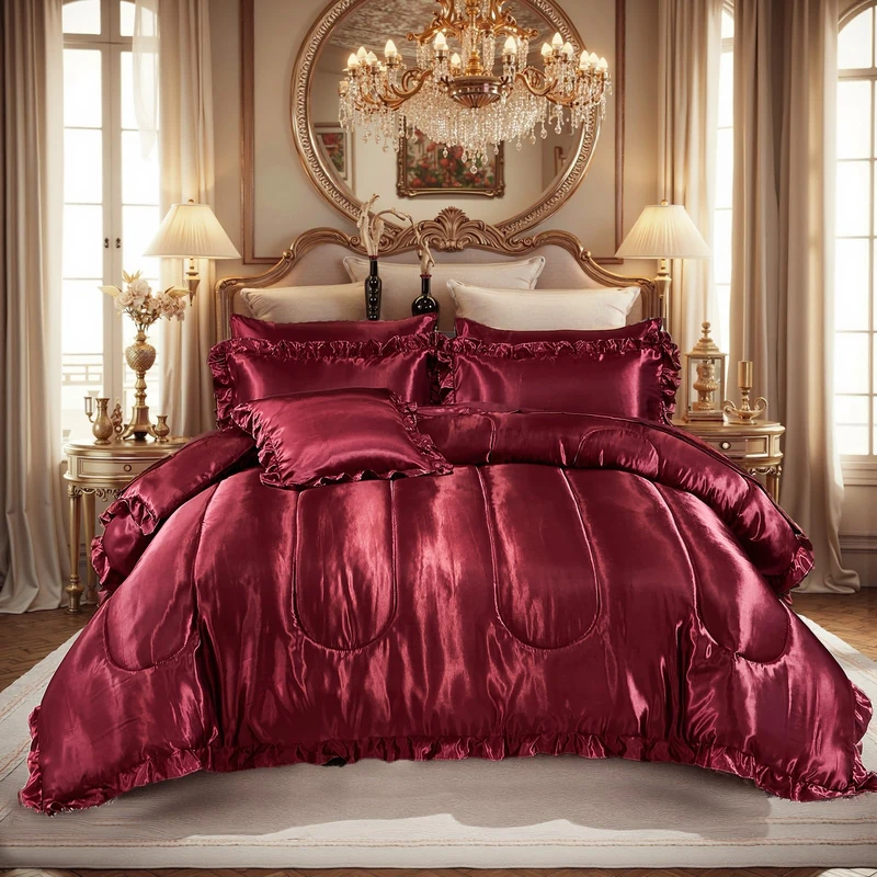 Silk Like Satin Comforter Set with Sheet Set King 8 Pcs Burgundy Satin Bedding Set Silky Ruffle Pattern Home Deocr Luxury Hotel Silky Bed in a Bag with 1 Cushion Cover