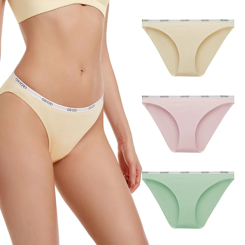 OEIOEI Bamboo Underwear Women Midi Briefs Microfibre Knickers High Leg Hipster Panties Pack of 3 (M, Beige/Pink/Green)