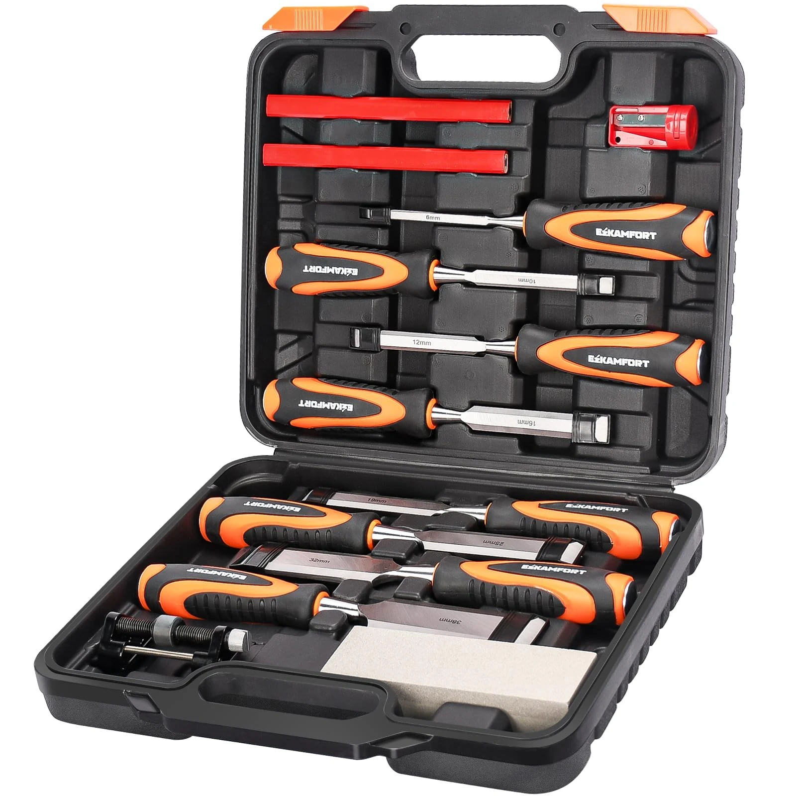 Ezkamfort Chisel Set-13Pcs Woodworking Tools Set-Wood Carving Tools, Wood Chisel Sets with Sharpening Stone, Honing Guide and Storage Case