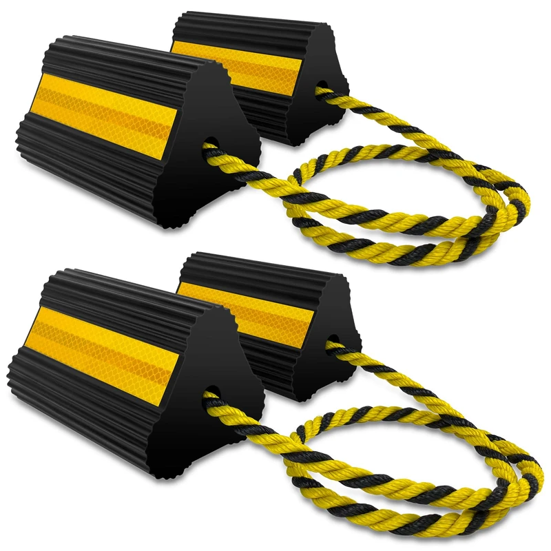 HOXWELL Wheel Chocks (2pair/4pack with Rope) for RV Trailer Camper Truck Car Aircraft, Versatile Heavy Duty Rubber Wheel Chocks Block with 3 Reflective Strips, Tire Wheel Immobilizers & Chocks