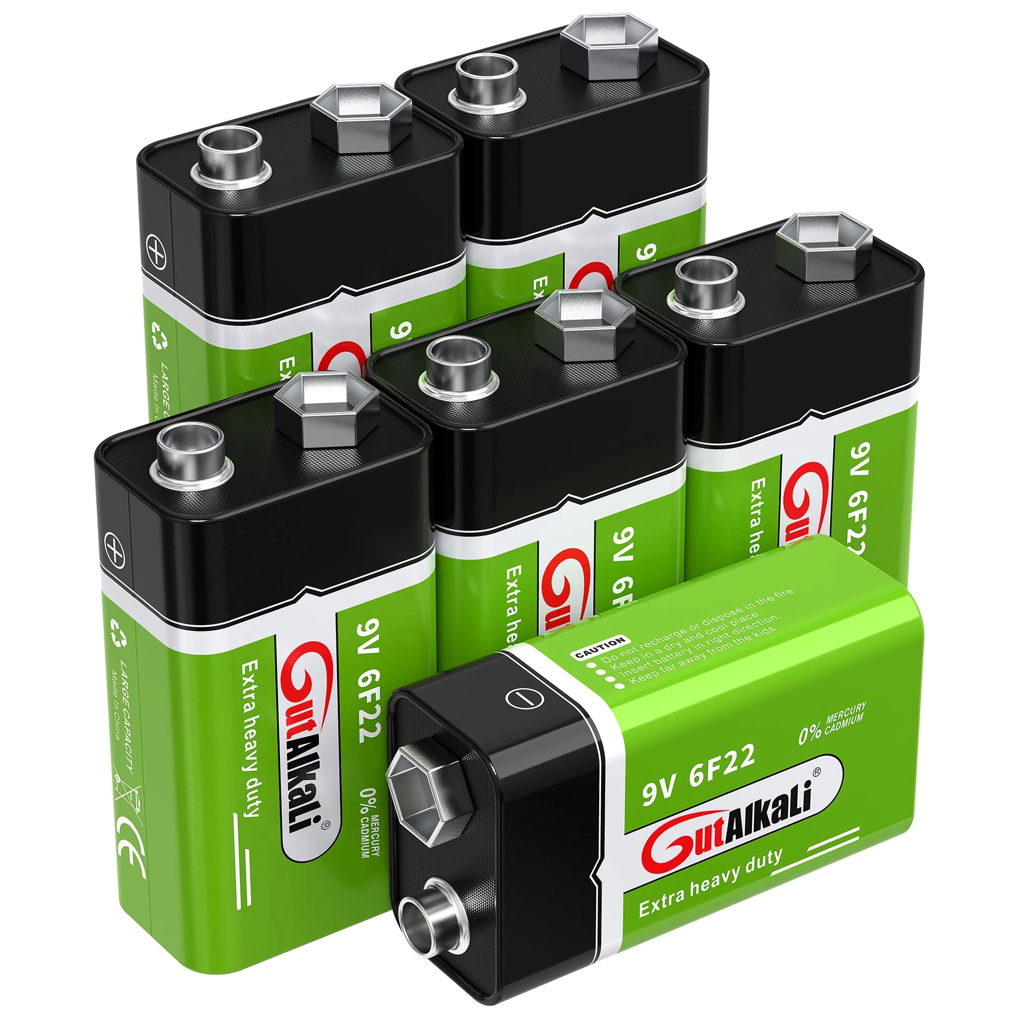 GutAlkaLi Batteries 9V Block Battery, 6 pieces, Longlife Power for Smoke Detectors, Fire Alarms, Microphone 6LR61 6F22 PP3 MN1604
