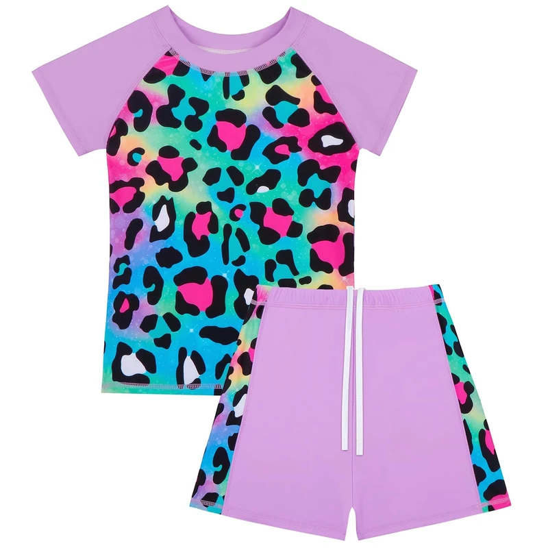 JiAmy Girls Swimming Costume Kids Two Piece Short Sleeve Swimsuit UV Sun Protection Swimwear Summer Beach Bathing Suit Purple Leopard 6-7 Years
