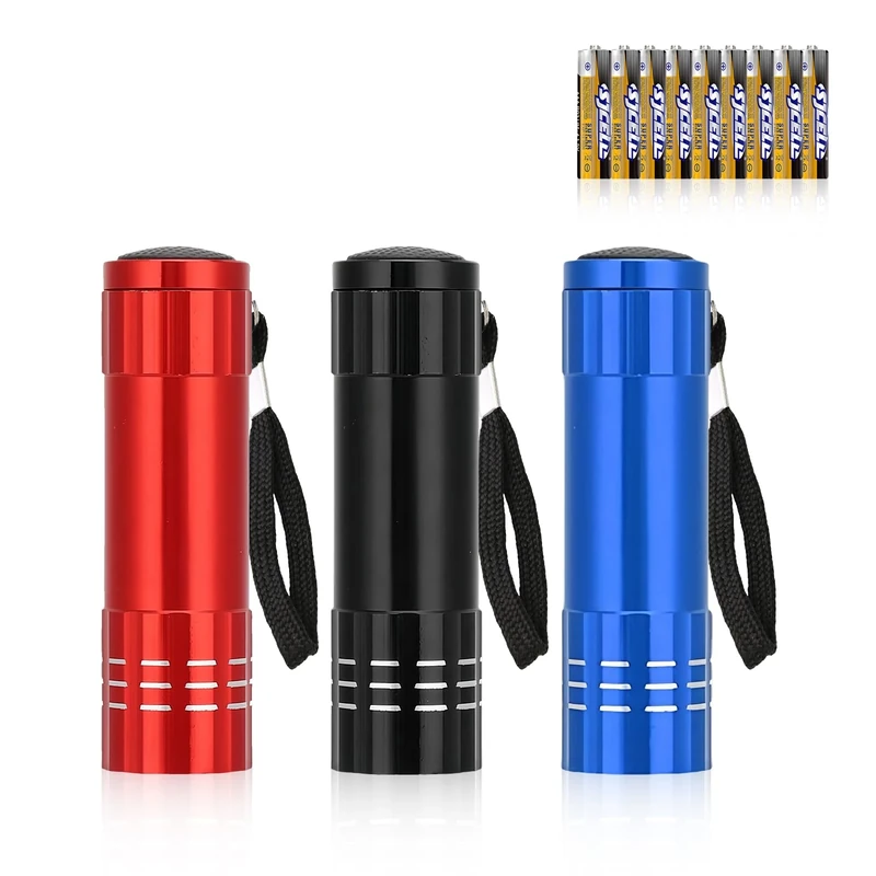 flintronic 3 Pack LED Small Torch, Small Pocket Flashlight with 9 LEDs, Aluminium Kids Torches, with Lanyard, Super Bright, for Kids Adult Camping Hiking Outdoor Gifts, Batteries Included