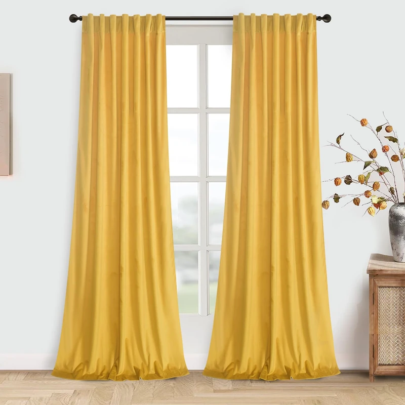 Roslynwood Luxury Soft Warm Yellow Velvet Curtains 96 inches Long Back Tab Thermal Insulated Blackout Window Drapes for Living Room/Bedroom/Dining Room, W52 x L96, 2 Panels