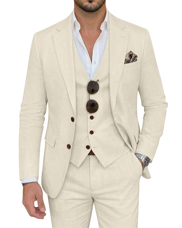ZKHOECR Men's Suit 3 Piece Linen Suits Slim Fit Suit Blazer Vest Pants Set Wedding Prom Tuxedos Business Casual Suit, Light Champagne, M - Image 1
