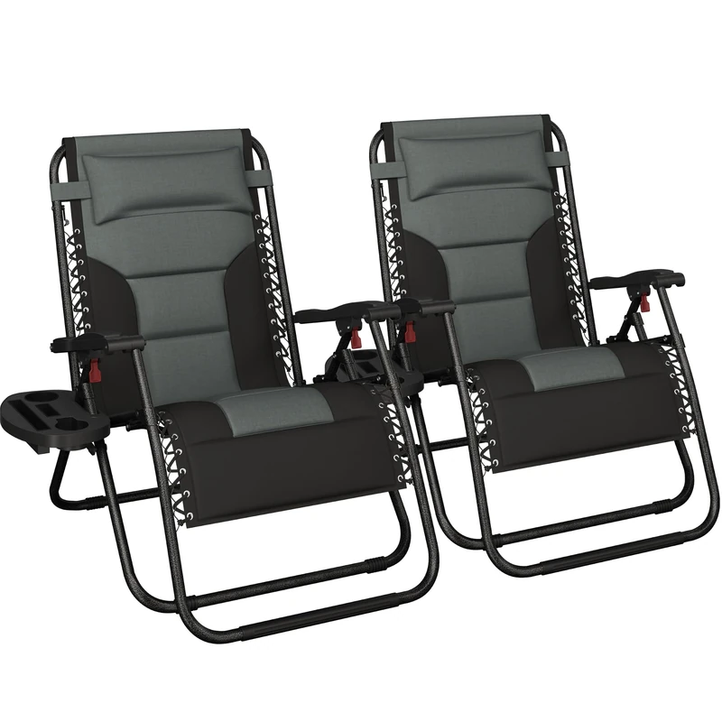Yaheetech Zero Gravity Sunlounger, Outdoor Multi Position Soft Padded Chairs, Foldable Patio Recliner w/Carry Strap, Cup Holder, Pillow for Backyard Deck Camping Gray/Black Set of 2, 73cm