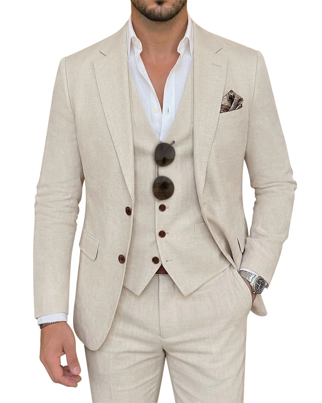 ZKHOECR Men's Suit 3 Piece Linen Suits Slim Fit Suit Blazer Vest Pants Set Wedding Prom Tuxedos Business Casual Suit, Beige, L