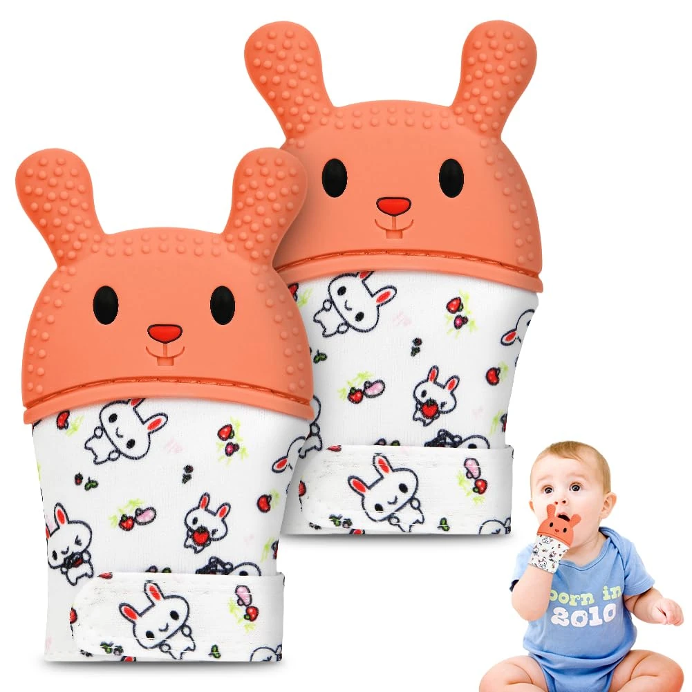 HOTUT Teether Mitts for Baby, 2 Pack Teething Mittens, Baby Teething Gloves, Food Grade Silicone Teether Glove, Infant Soothing Pain Relief Mitt, Safe (BPA Free, Orange)