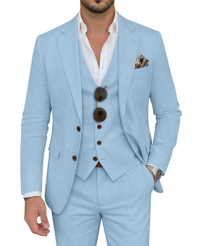 ZKHOECR Men's Suit 3 Piece Linen Suits Slim Fit Suit Blazer Vest Pants Set Wedding Prom Tuxedos Business Casual Suit, Light Blue, M