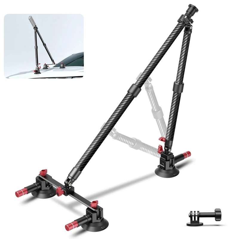 Neewer Triple Suction Cup Car Mount Kit, Carbon Fiber Camera Mount with Action Camera Adapter, NATO Rail & 24"/60cm Extension Pole Compatible with GoPro Insta360, 2.2lb/1kg Max Load, CA136