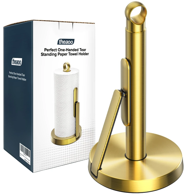 theaoo Heavy-Duty Stainless Steel Paper Towel Holder with Tension Arm – Easy One-Handed Tear, Modern Standing Countertop Dispenser for Kitchen, Holds All Paper Towel Rolls (1, Gold)