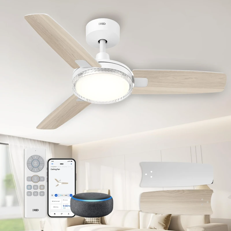 DREO Smart Ceiling Fans with Lights, 42 Inch Ceiling Fan, 12 Speeds & 3 Fan Modes, Stepless Color Tones, Dimmable LED Light, 1-12H Timer, Quiet DC Motor, Remote/APP/Alexa/Wall Switch Control, White