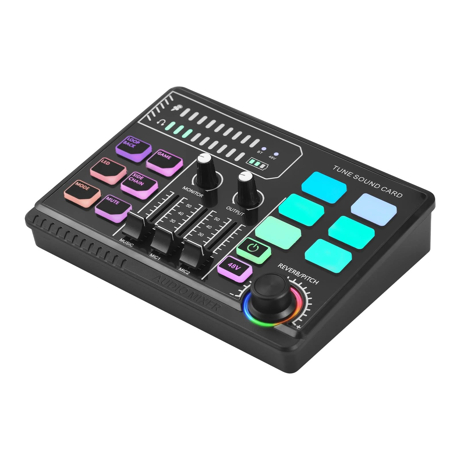 Btuty Gaming Audio Mixer 48V Phantom Power Audio Interface RGB Light BT Plug and Play Desktop Singing Sound Card Mixer for Live Streaming Podcasting Content Create Gaming Rechargeable