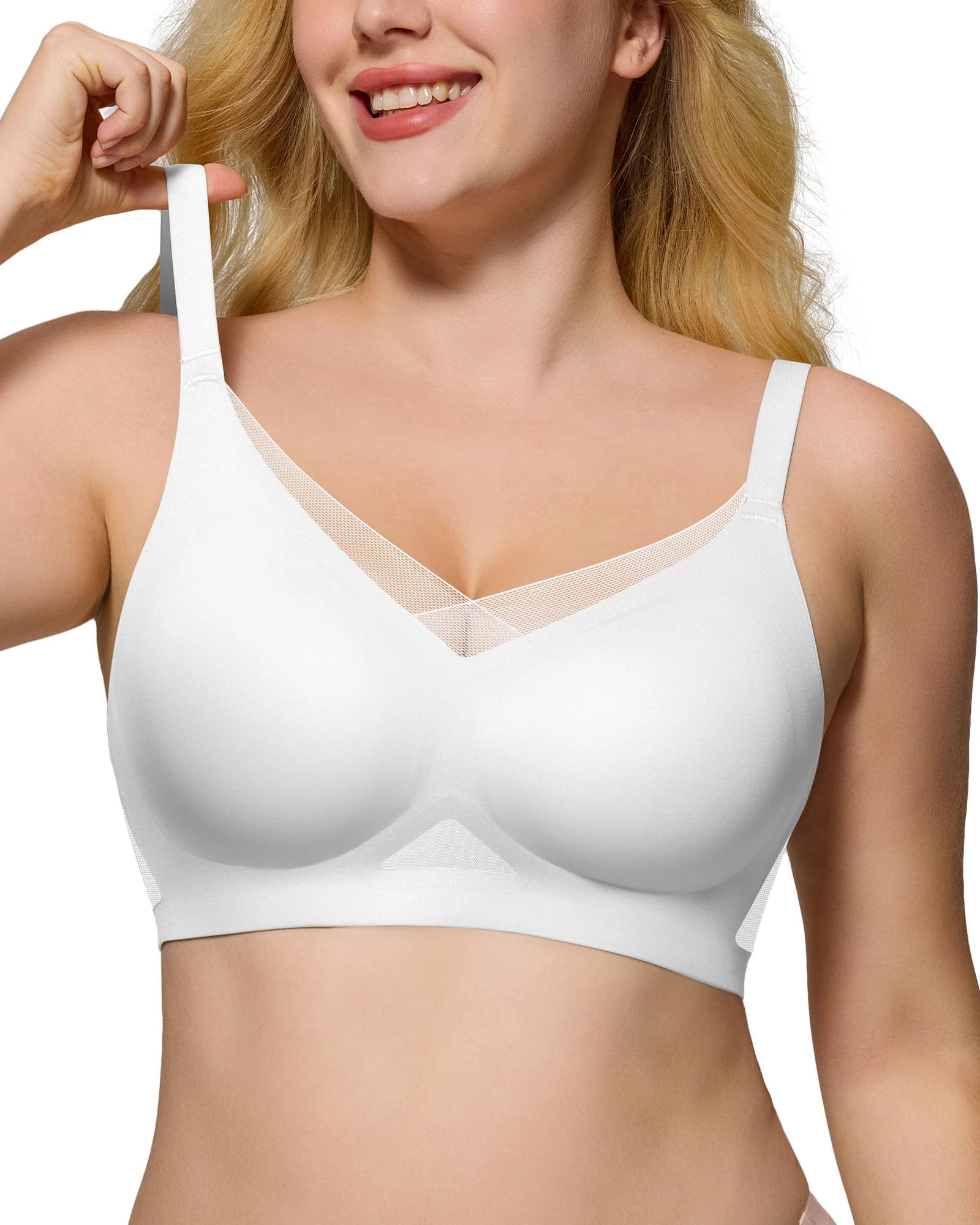 As Fairy Wireless Non-Wired Bra for Women Seamless Push Up with Soft Support Lace V-Neck Mesh Criss-Cross Back Everyday Lounge Yoga Use (White,S)