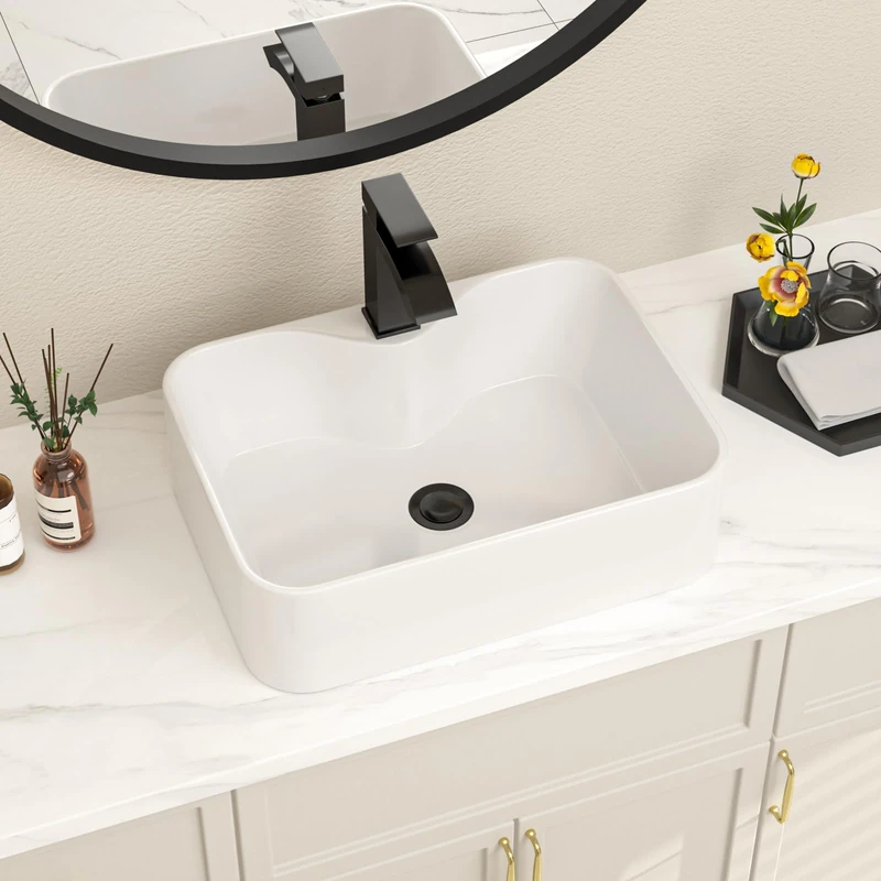 Lofeyo 19" x 15" Farmhouse Modern Vessel Sink, White Porcelain, Black Faucet & Drain, Countertop Installation, 1 Hole, Bathroom Sink