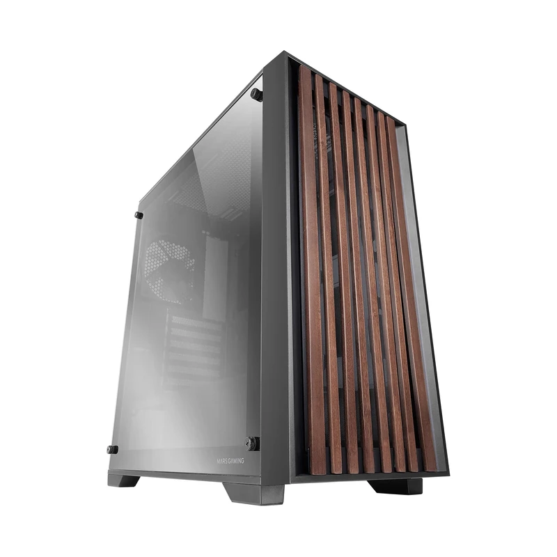 Mars Gaming MC-WOOD, ATX PC Case, Wooden Front Panel, Chromed Glass Side Window, 120mm FDB Fan, Liquid Cooling up to 360mm, Dual Chamber, Cable Management, PC Mid Tower, Black