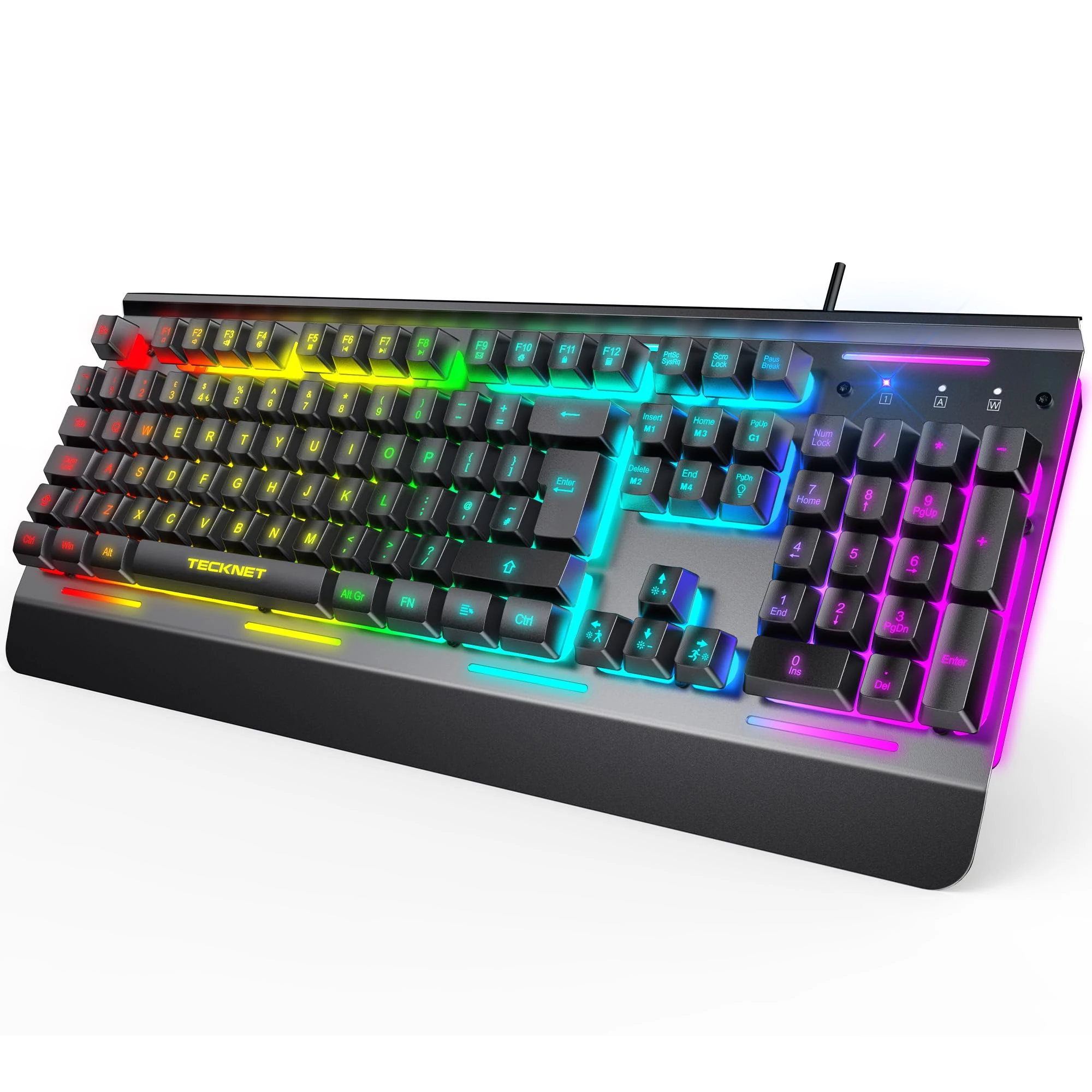 TECKNET RGB Gaming Keyboard, 105 Keys, All-Metal Panel, 15-Zone RGB Backlighting, Quiet & Comfortable, 25 Anti-ghosting Keys, IP32 Water & Dust Resistant, USB Wired Keyboard with Wrist Rest