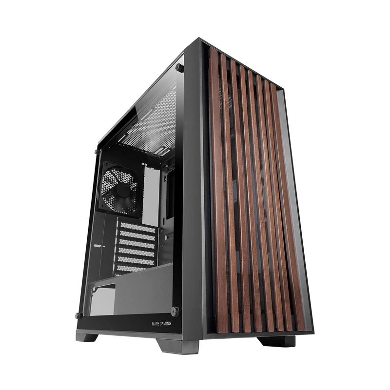 Mars Gaming MC-WOOD, ATX PC Case, Wooden Front Panel, Tempered Glass Side Window, 120mm FDB Fan, Liquid Cooling up to 360mm, Dual Chamber, Cable Management, PC Mid Tower, Black