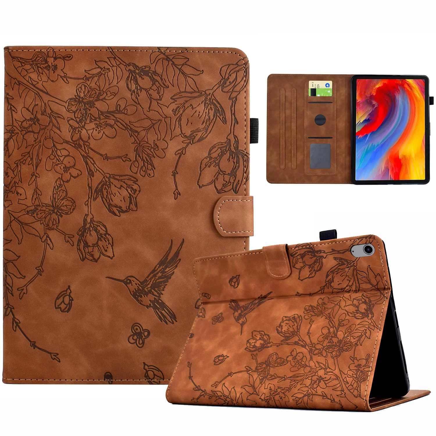 KEROM Case for iPad (A16) 11th Generation Case 11 Inch 2025, iPad 10th Generation Cover 10.9 Inch 2022, Embossed Suede Leather Folio Stand Cover for Kids, Girls, Woman - Brown Bird Flower Embossing