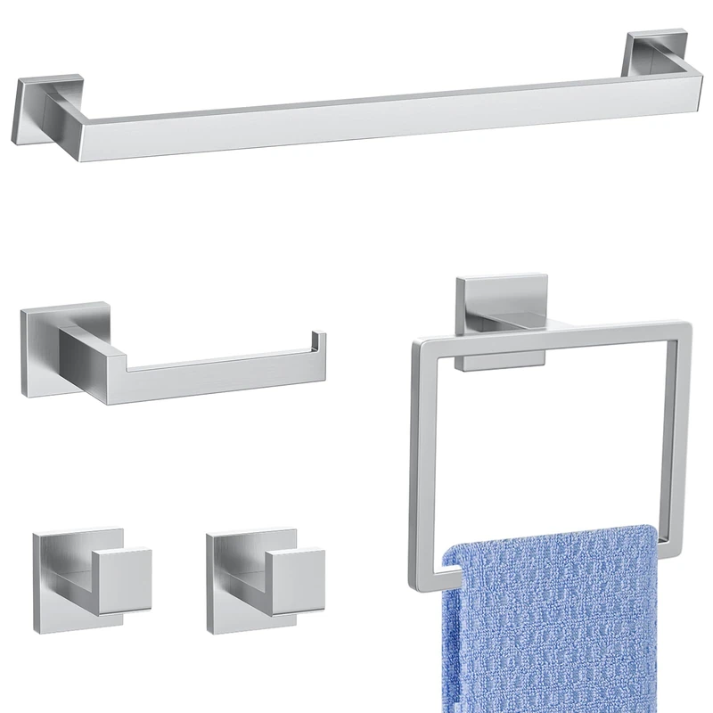 5 Pieces Brushed Nickel Towel Bar Set Bathroom Hardware Accessories Set Include 23.6 Inch Towel Bar Toilet Paper Holder Towel Ring Coat Hooks SUS304 Stainless Steel Wall Mounted Towel Holder Set