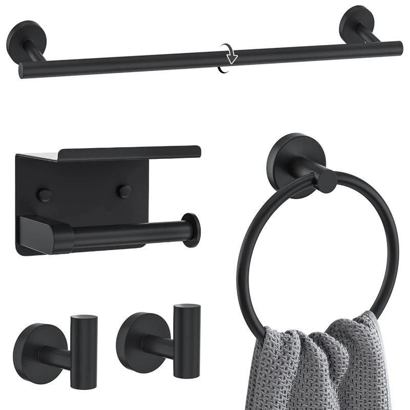 Matte Black Towel Bar Set 5 Pieces Bathroom Hardware Accessories Set Round Towel Holder Set Upgraded Toilet Paper Holder with Shelf Stainless Steel Wall Mounted Bathroom Accessories Set,23.6 Inch