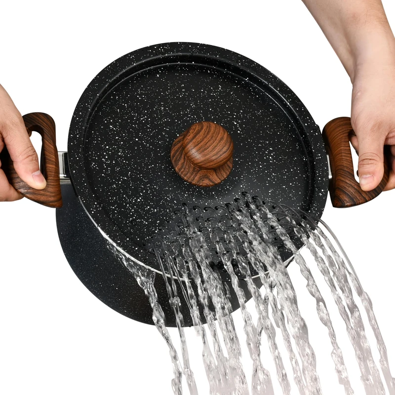 Nonstick Pot with Strainer Lid and Pasta Fork, 4.7L Cooking Stock Pot with Lockable Lid, Heat-Resistant Handles, Easy Clean, Even Heat Distribution, 24cm Black Marble Finish