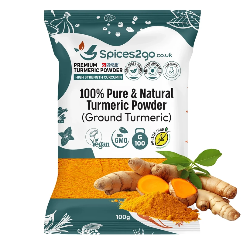 Spices2Go Premium Turmeric Powder - 100% Pure Turmeric Ground, Curcumin, Holud | Haldi | Haldar | Haladi, Long Shelf Life, GMO-Free, Made In Britain, Haldi, Tumeric (100G)