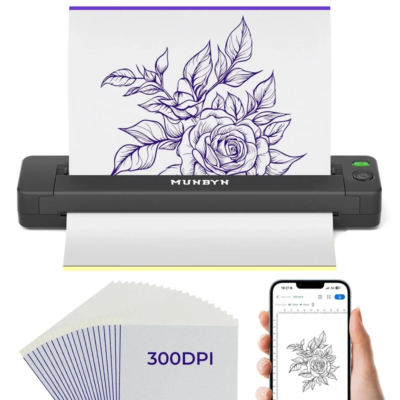 MUNBYN 300DPI High Definition Tattoo Stencil Printer ITP06, Wireless Thermal Tattoo Printer with 20pcs Transfer Stencil, Compatible with Smartphone & PC, For Tattoo Artists & Beginners