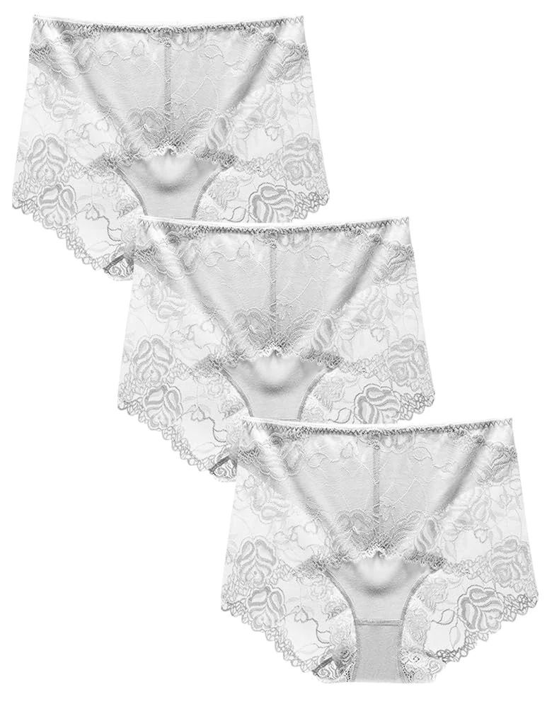 BLKDOTS Women's High Waist Hipster Briefs Seamless Panties Soft Lace Underwear Breathable Underpants, White 3 Pack, L